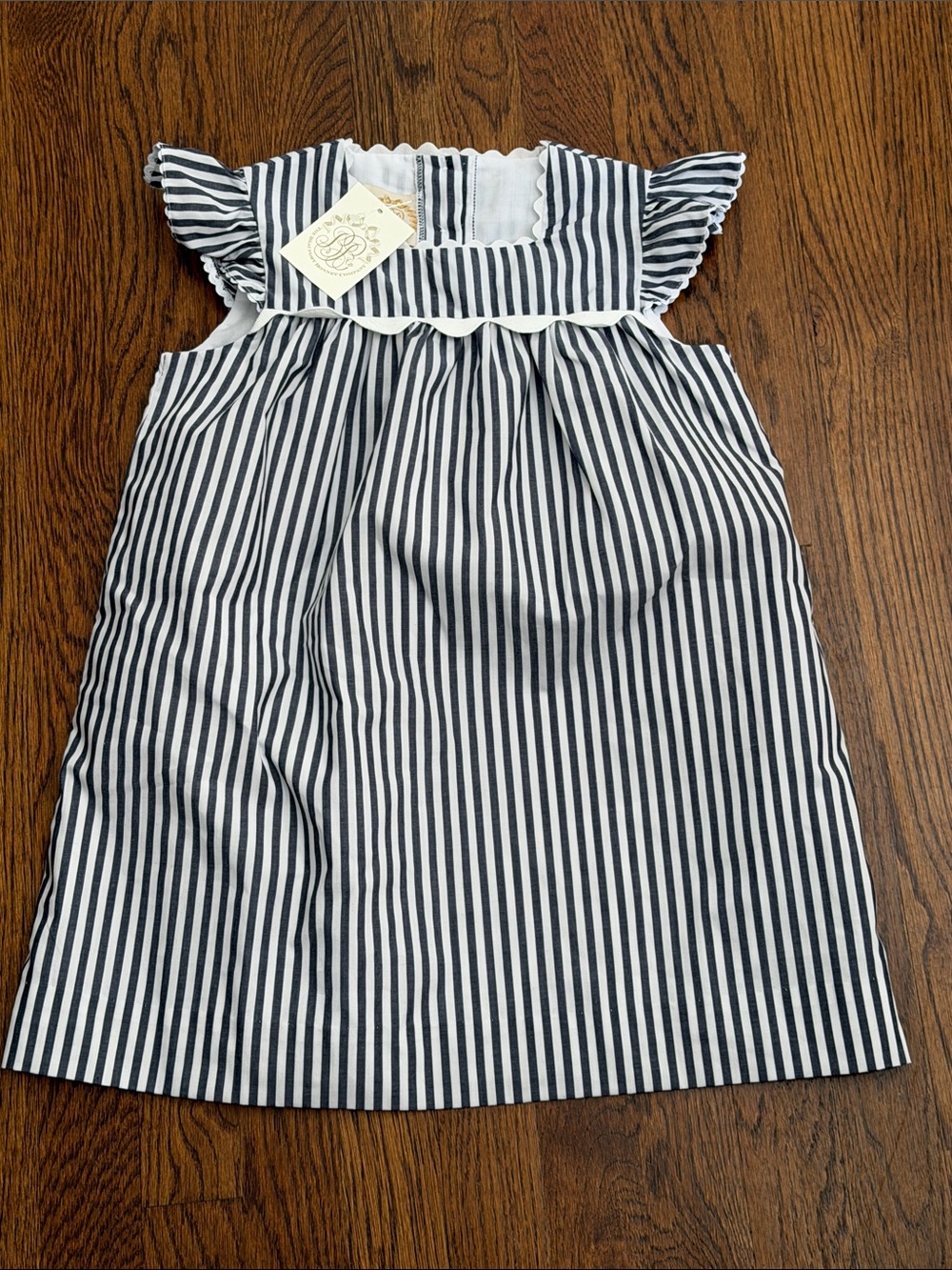 NWT TBBC Girls Navy & White Striped Ruffle Shoulder Dress